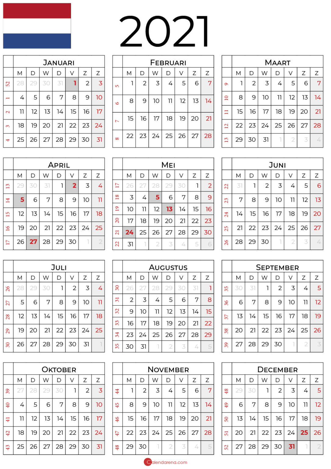 Beste Gratis Lege Kalender 2021 Met Feestdagen 🇳🇱