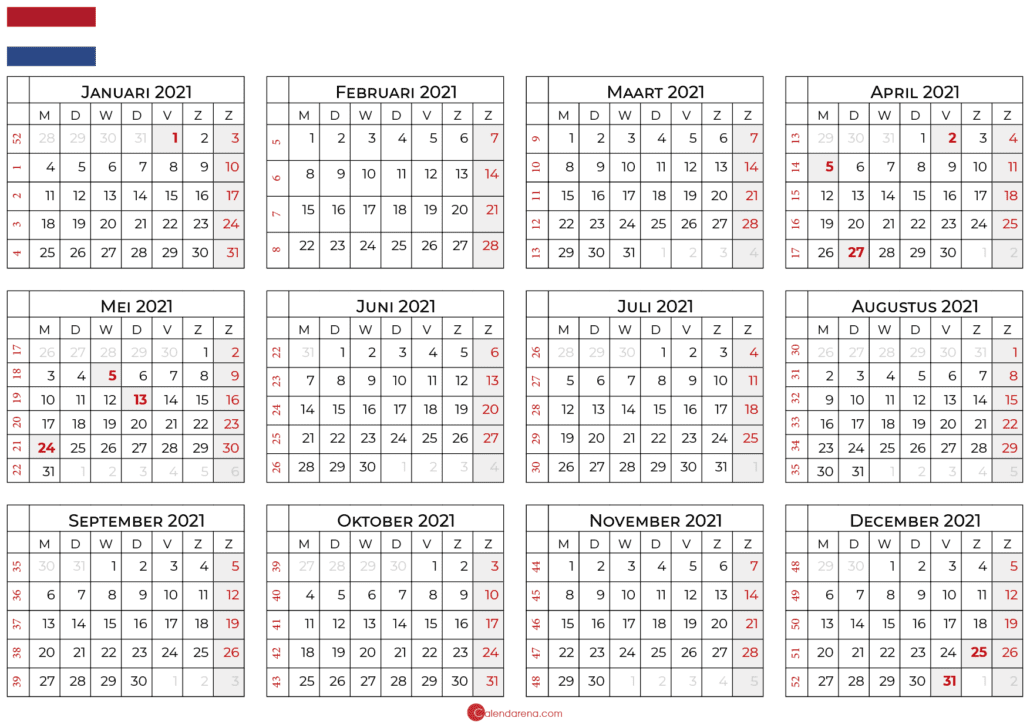 Beste Gratis Lege Kalender 2021 Met Feestdagen 🇳🇱