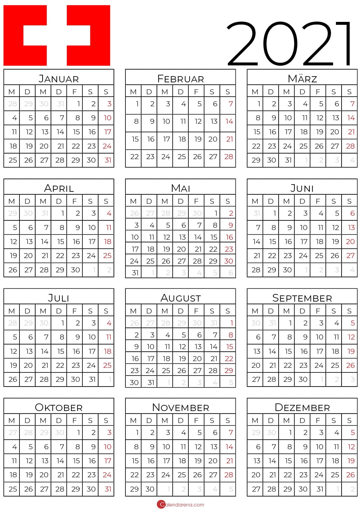 kalender 2021 schweiz zum Ausdrucken als PDF