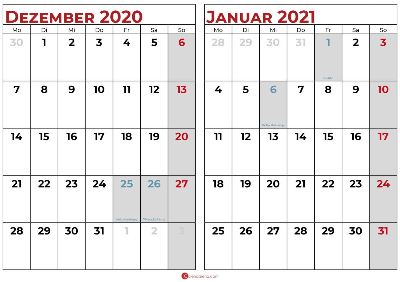 Kalender Januar 2021 Vorlagen Kostenlos