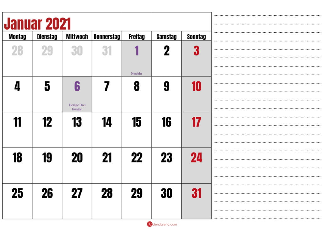 kalender januar 2021 zum ausdrucken