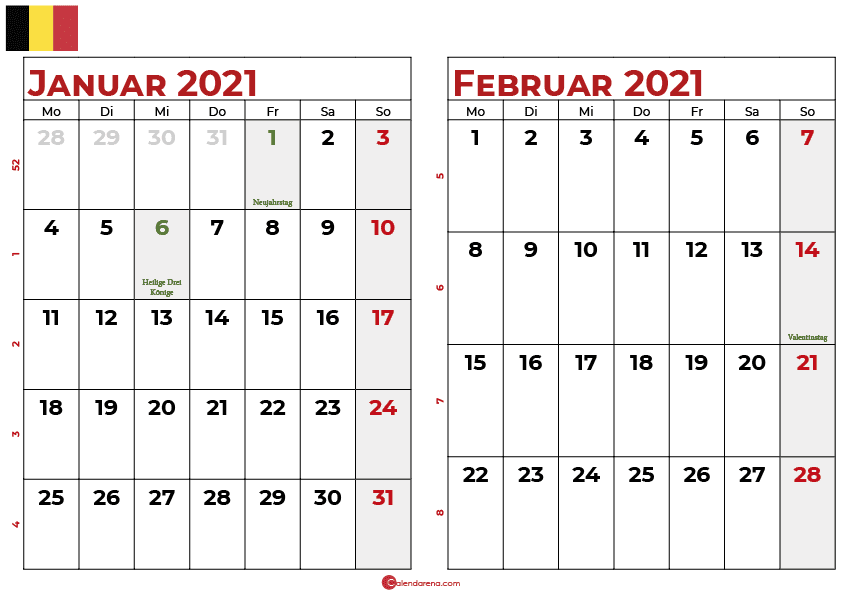 kalender januar februar 2021 -BE