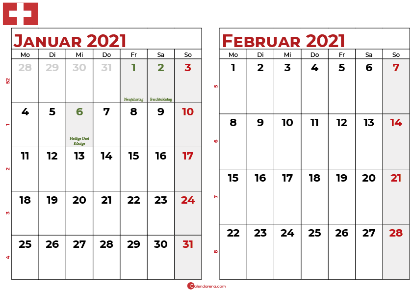 kalender januar februar 2021 -ch