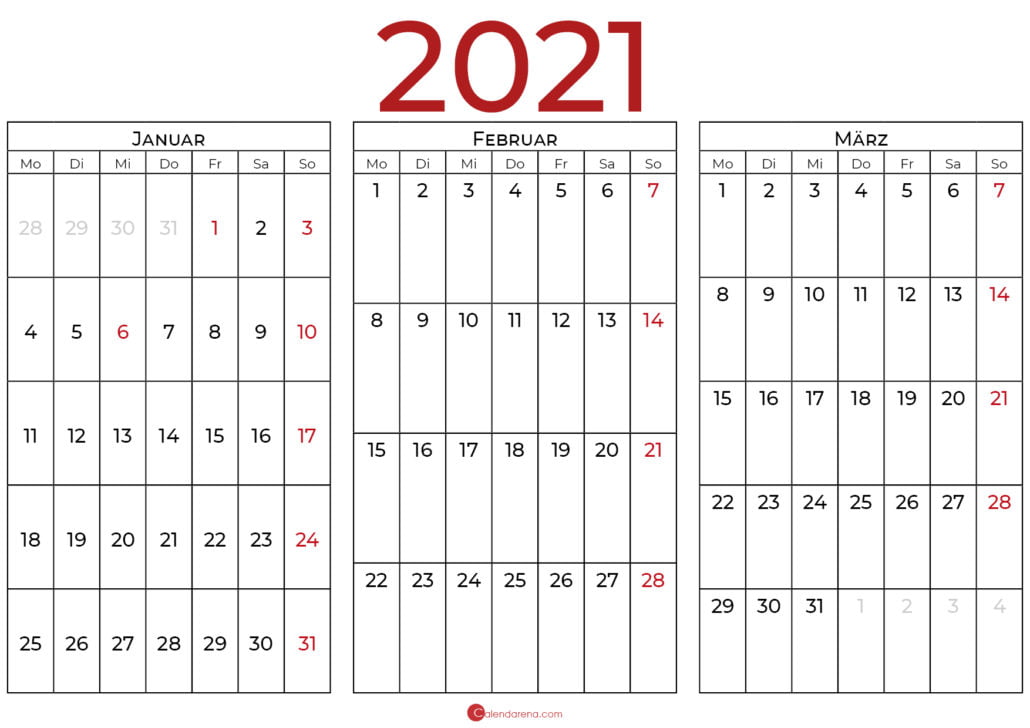 kalender januar februar märz 2021