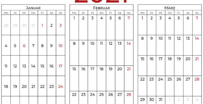 kalender januar februar märz 2021