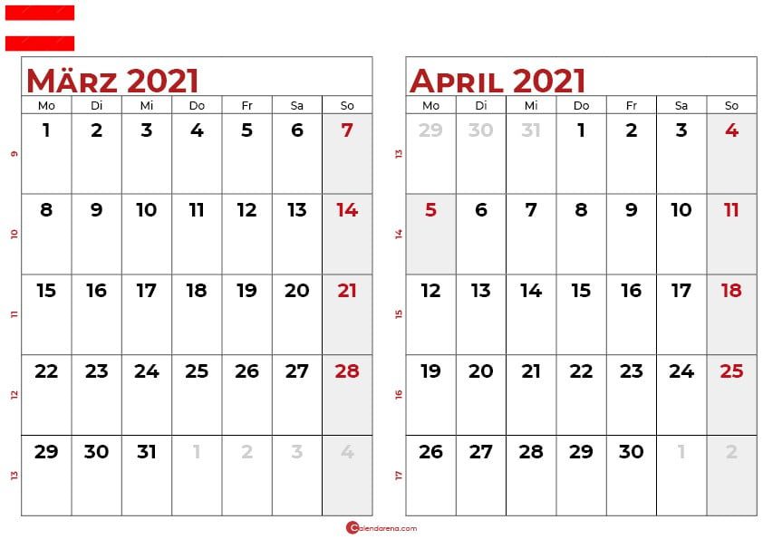 kalender märz april 2021 Österreich