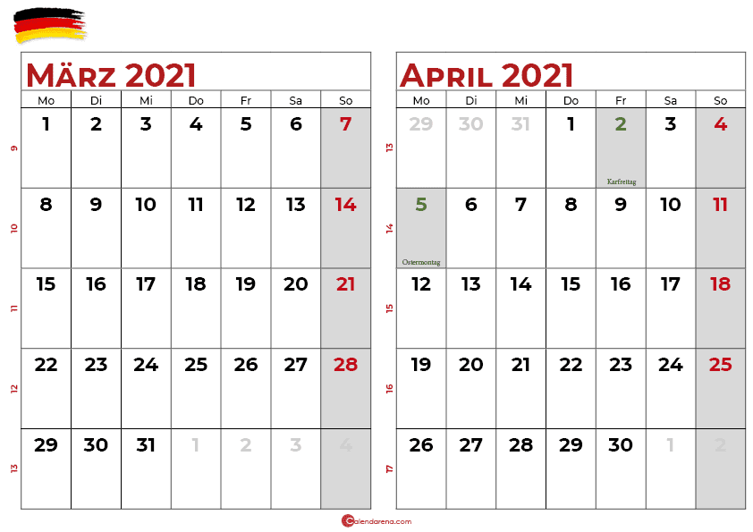 Kalender Marz April 2021 Als Kostenlose Vorlagen