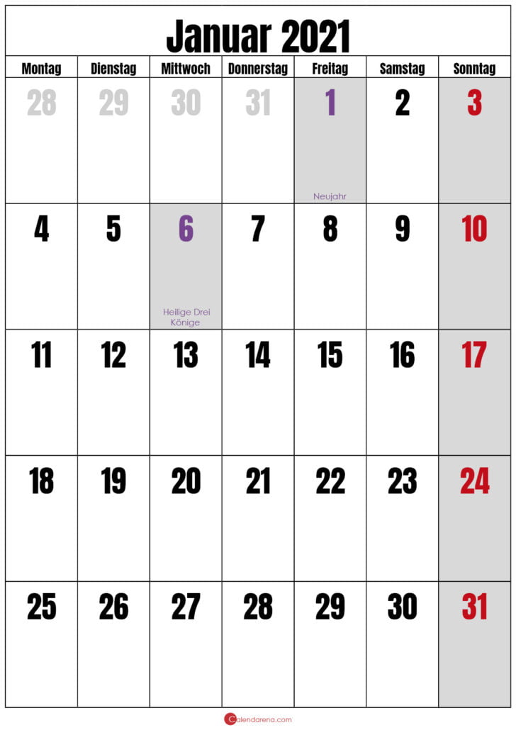 monatskalender januar 2021