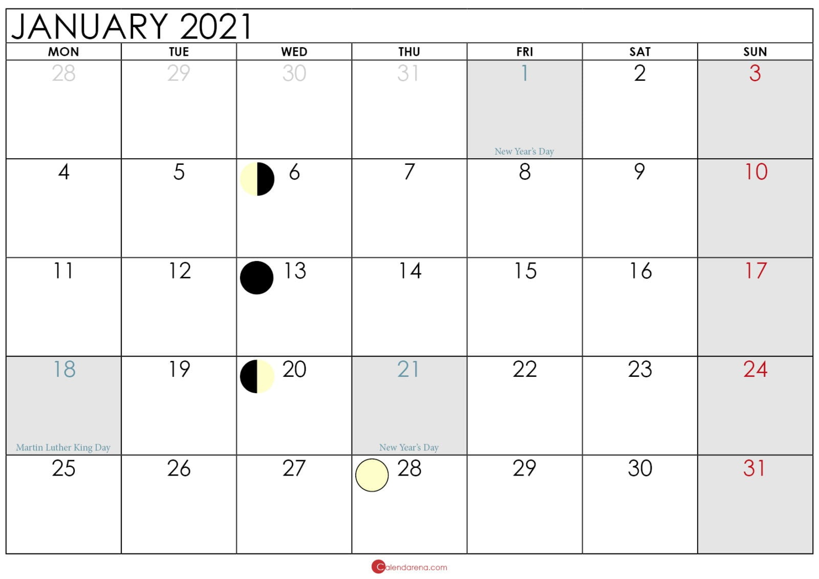 Download Blank Free January 2021 Calendar Printable Cute