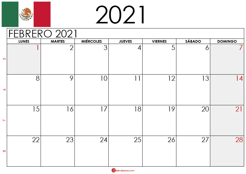 Calendario Febrero 2021 Mexico