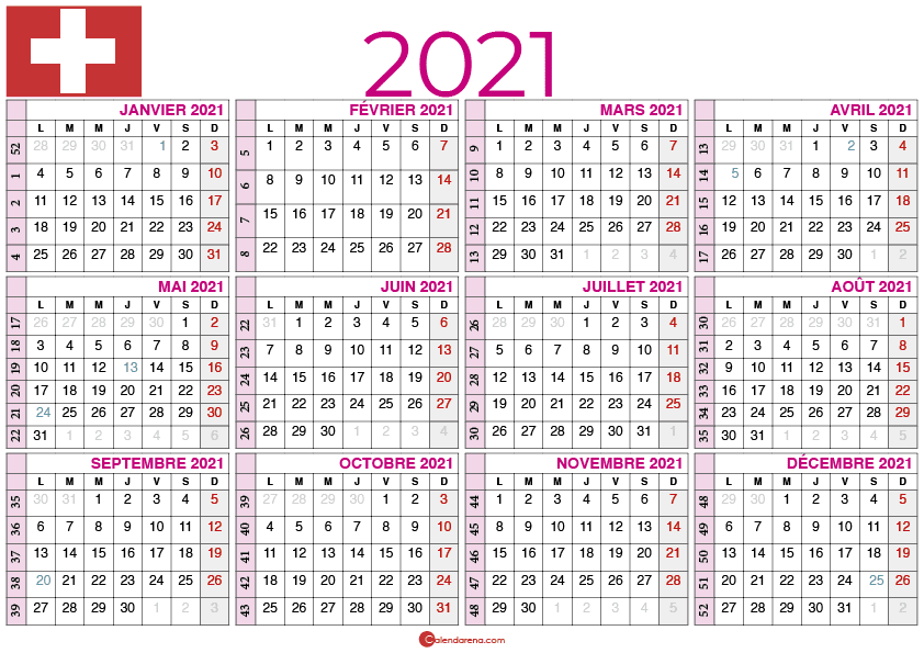 Calendrier 2021 à imprimer suisse Paysage