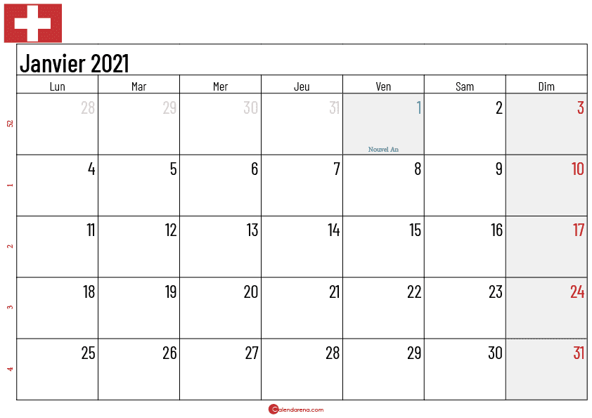 Calendrier Janvier 2021 suisse