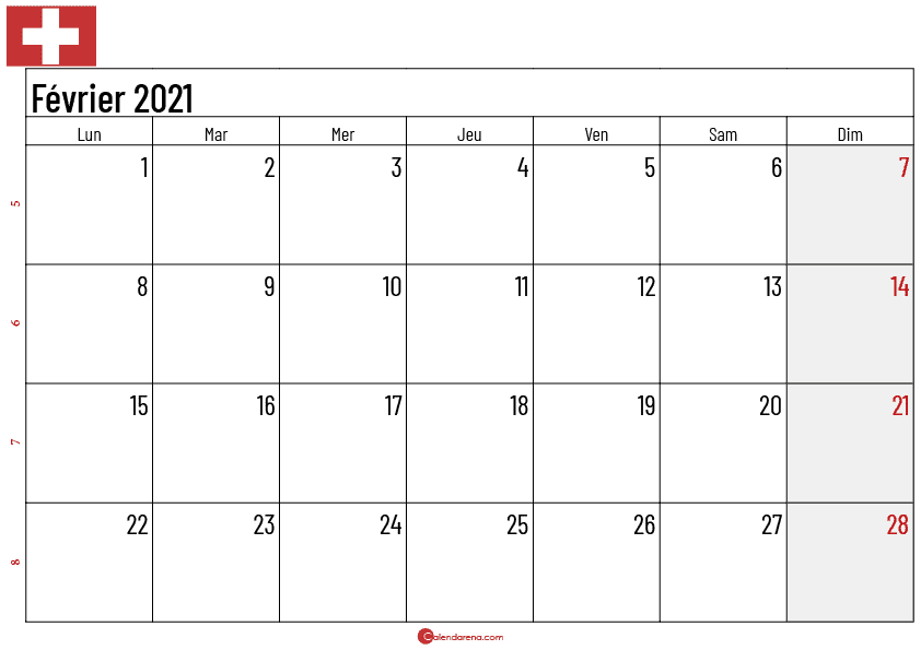 Calendrier février 2021 suisse