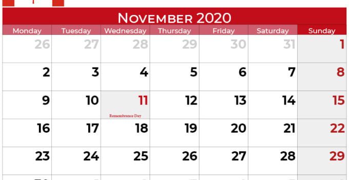 Canada november 2020 calendar landscape