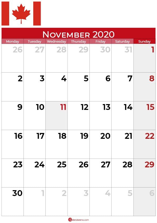 Canada november 2020 calendar portrait