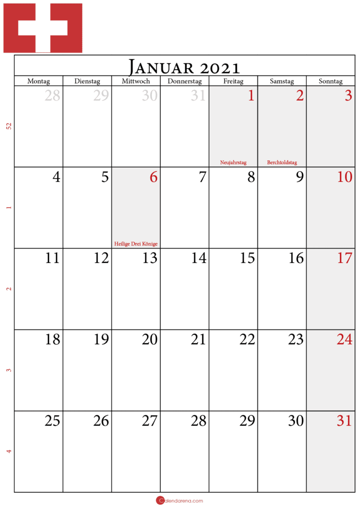 Januar 2021 Kalender Schweiz