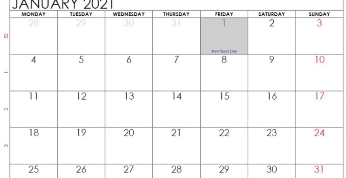 January 2021 calendar UK