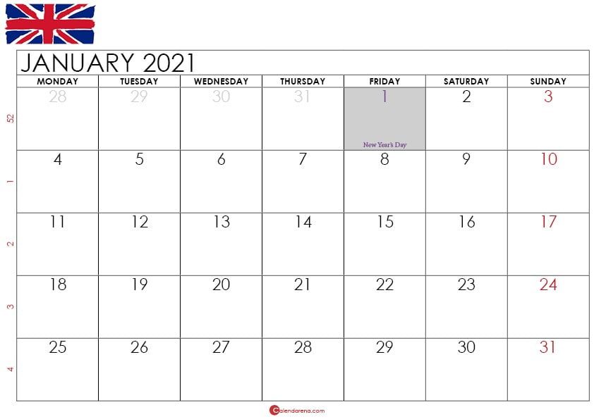 January 2021 calendar UK