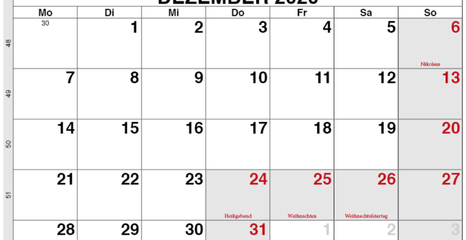 Kalender Belgien Dezember 2020