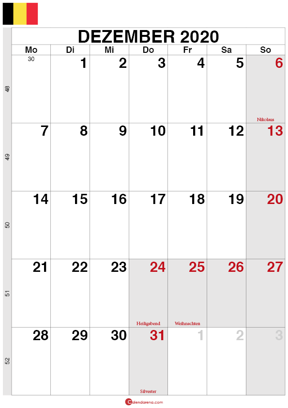 Kalender Belgien Dezember 2020 quorformat