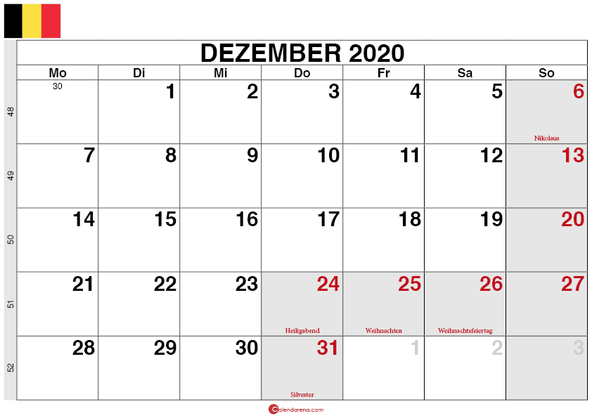 Kalender Belgien Dezember 2020
