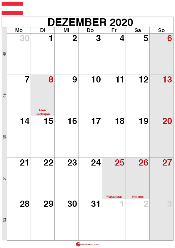 Kalender Österreich Dezember 2020 quorformat