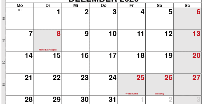Kalender Österreich Dezember 2020 zum ausdrucken