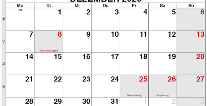 Kalender Schweiz Dezember 2020