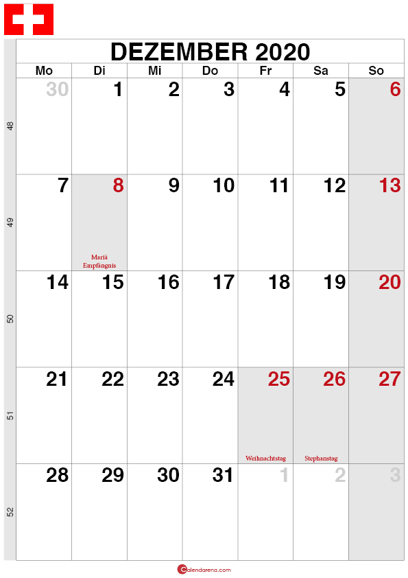 Kalender Schweiz Dezember 2020 quorformat