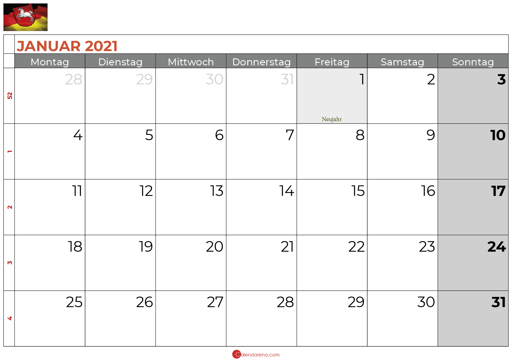 Kalender Januar 2021 Niedersachsen Zum Ausdrucken