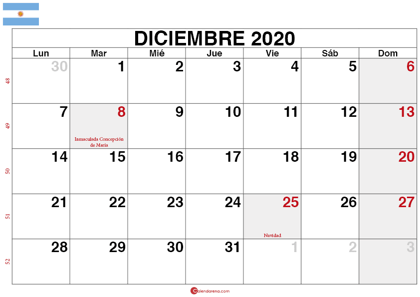 calendario diciembre 2020 Argentina