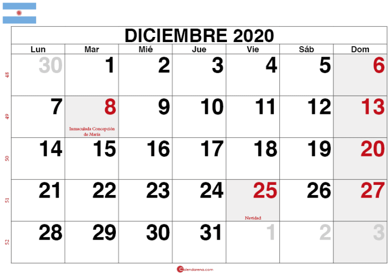 Descargar 🇦🇷 Calendario Argentina Diciembre 2020