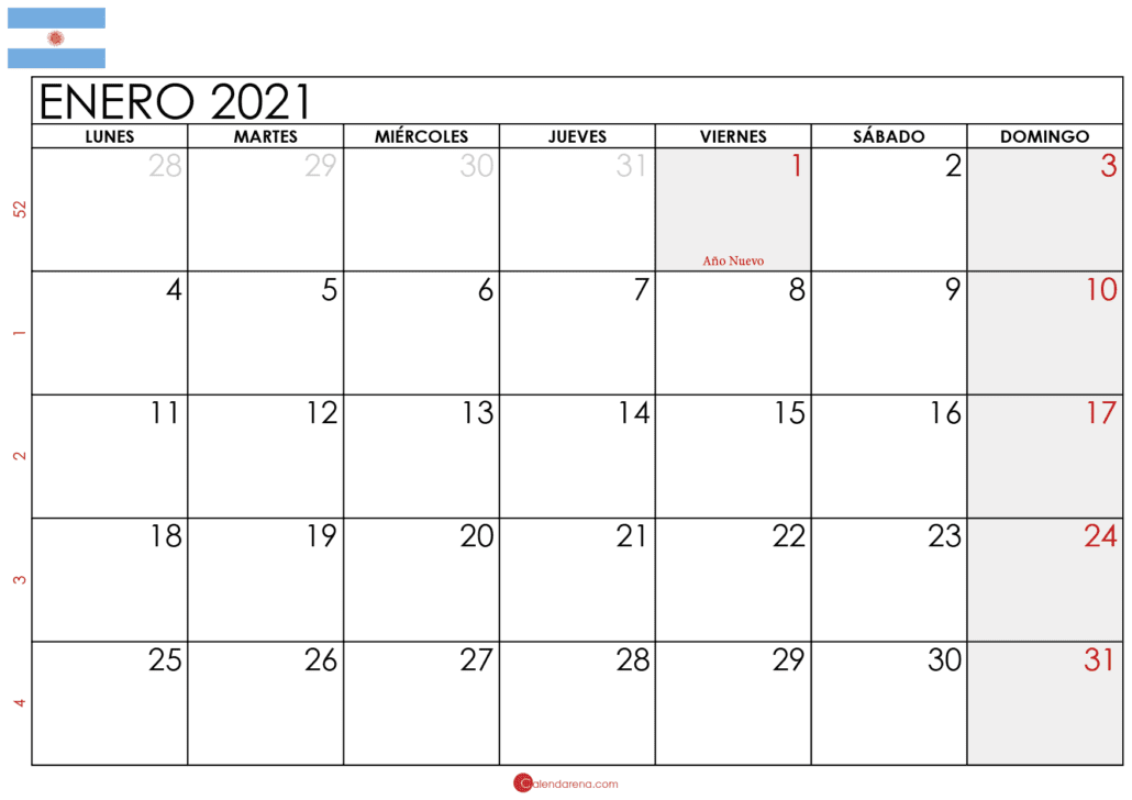 calendario enero 2021 Argentina