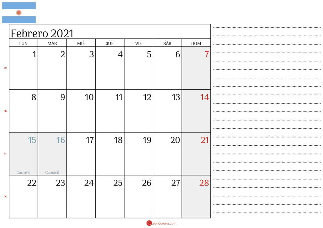 calendario febrero 2021 Argentina2