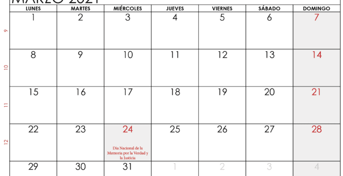 calendario marzo 2021 Argentina