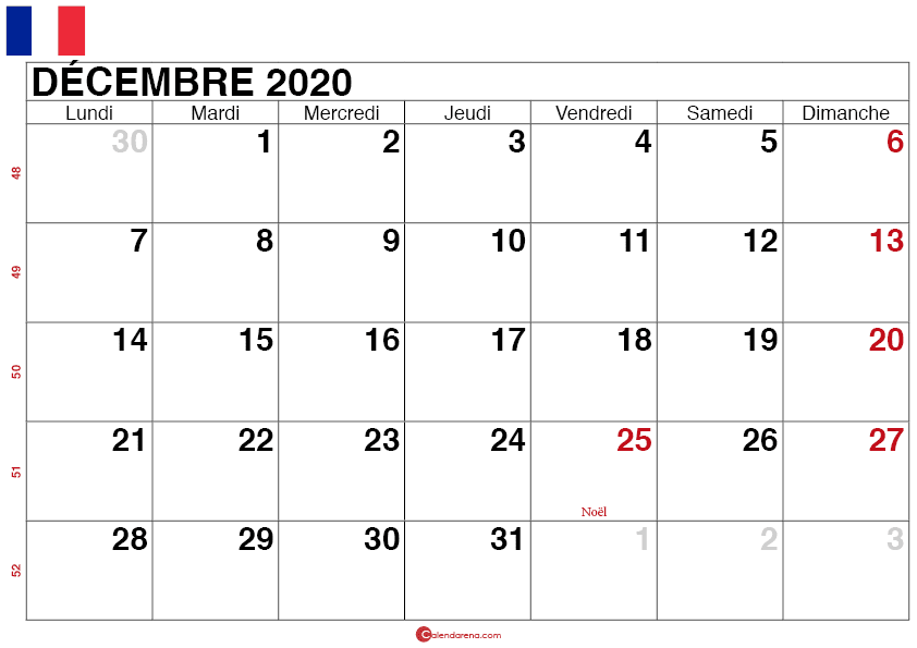 calendrier decembre 2020 France