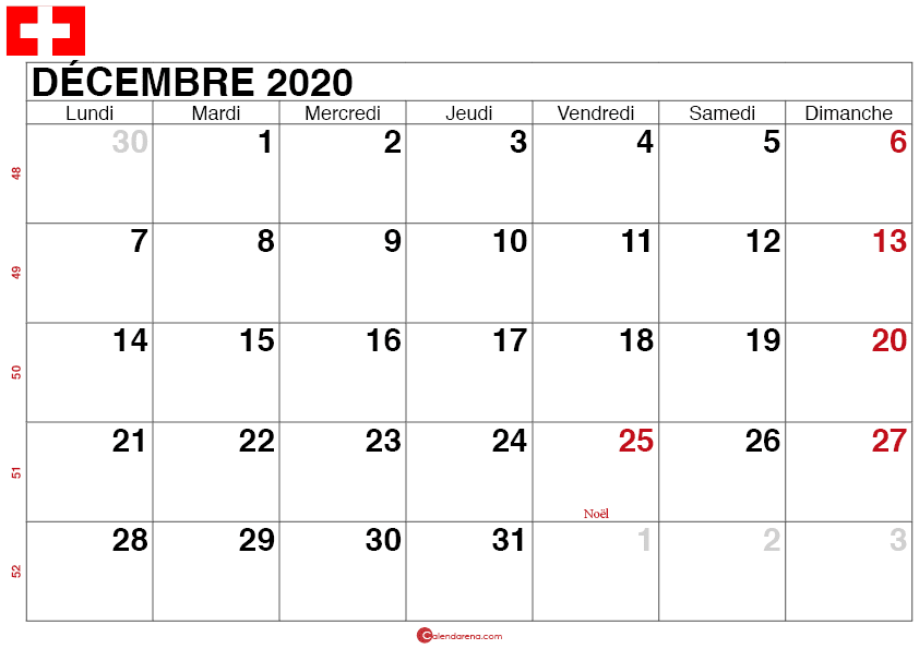 calendrier decembre 2020 Suisse