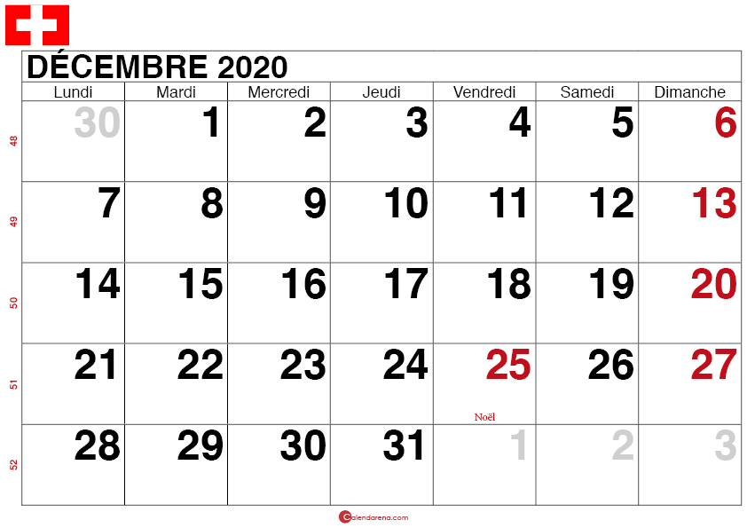 calendrier decembre 2020 Suisse_grand