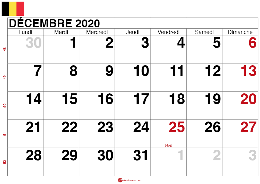 calendrier decembre 2020 belgique