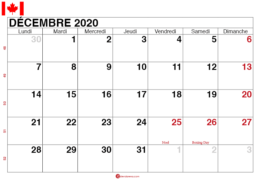calendrier decembre 2020 quebec