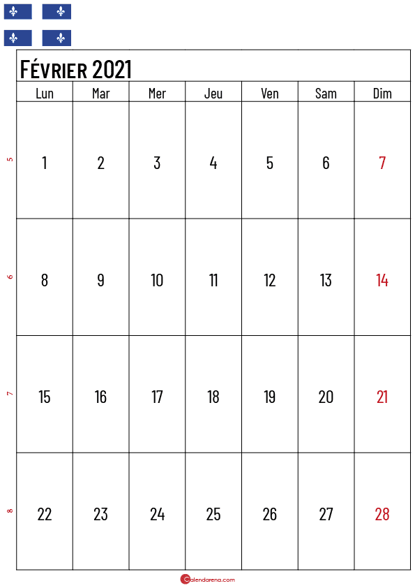 calendrier fevrier 2021 à imprimer