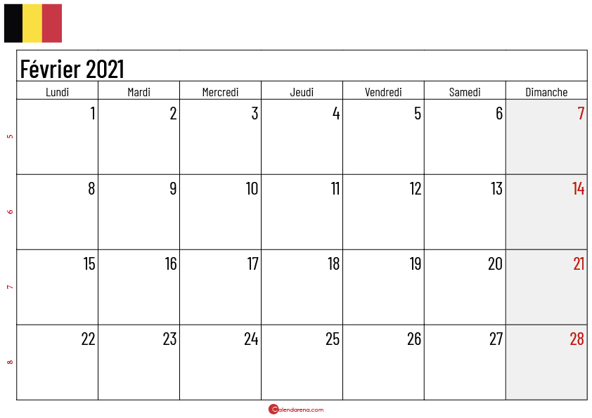 calendrier février 2021 belgique