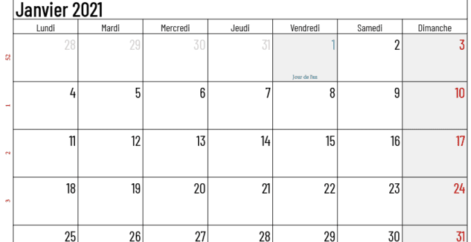 calendrier janvier 2021 belgique