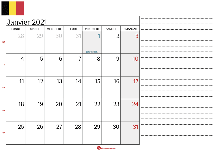 calendrier janvier 2021 belgique_notesL