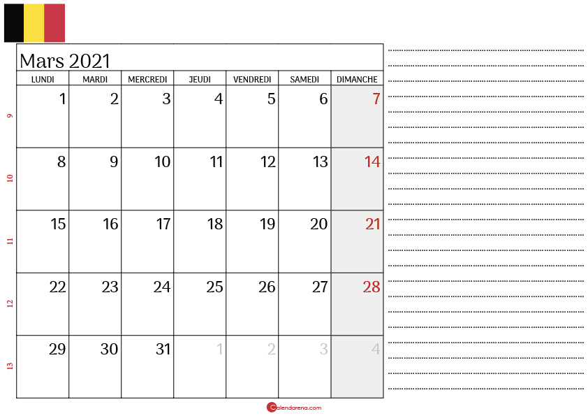 calendrier mars 2021 belgique_notesL