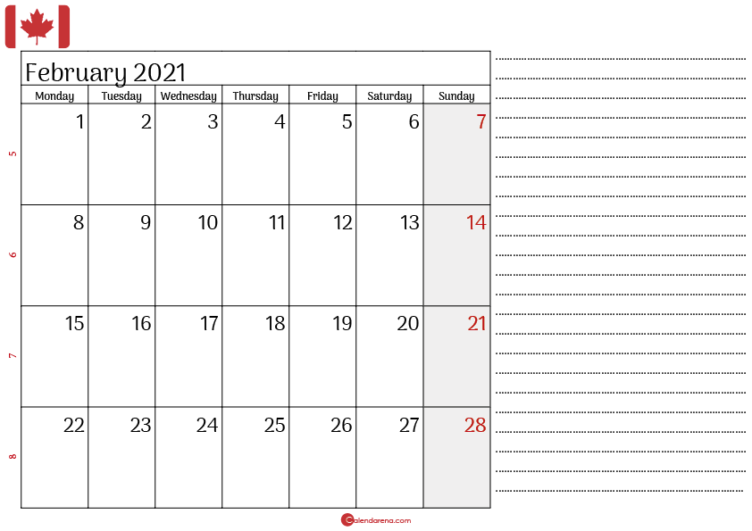 february 2021 printable calendar canada