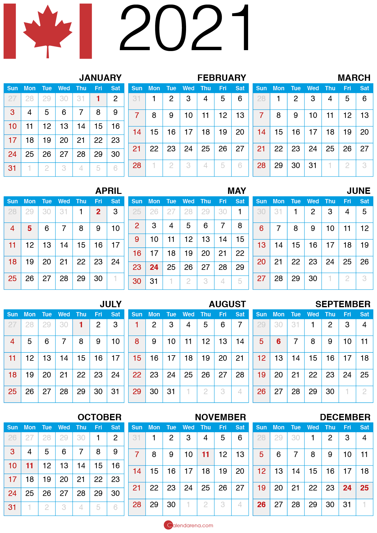 Printable 2021 Canadian Month Calendar Canada Holidays 2021 Calendar