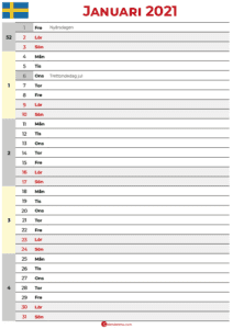 Kalender 2021 Januari Sverige 🇸🇪