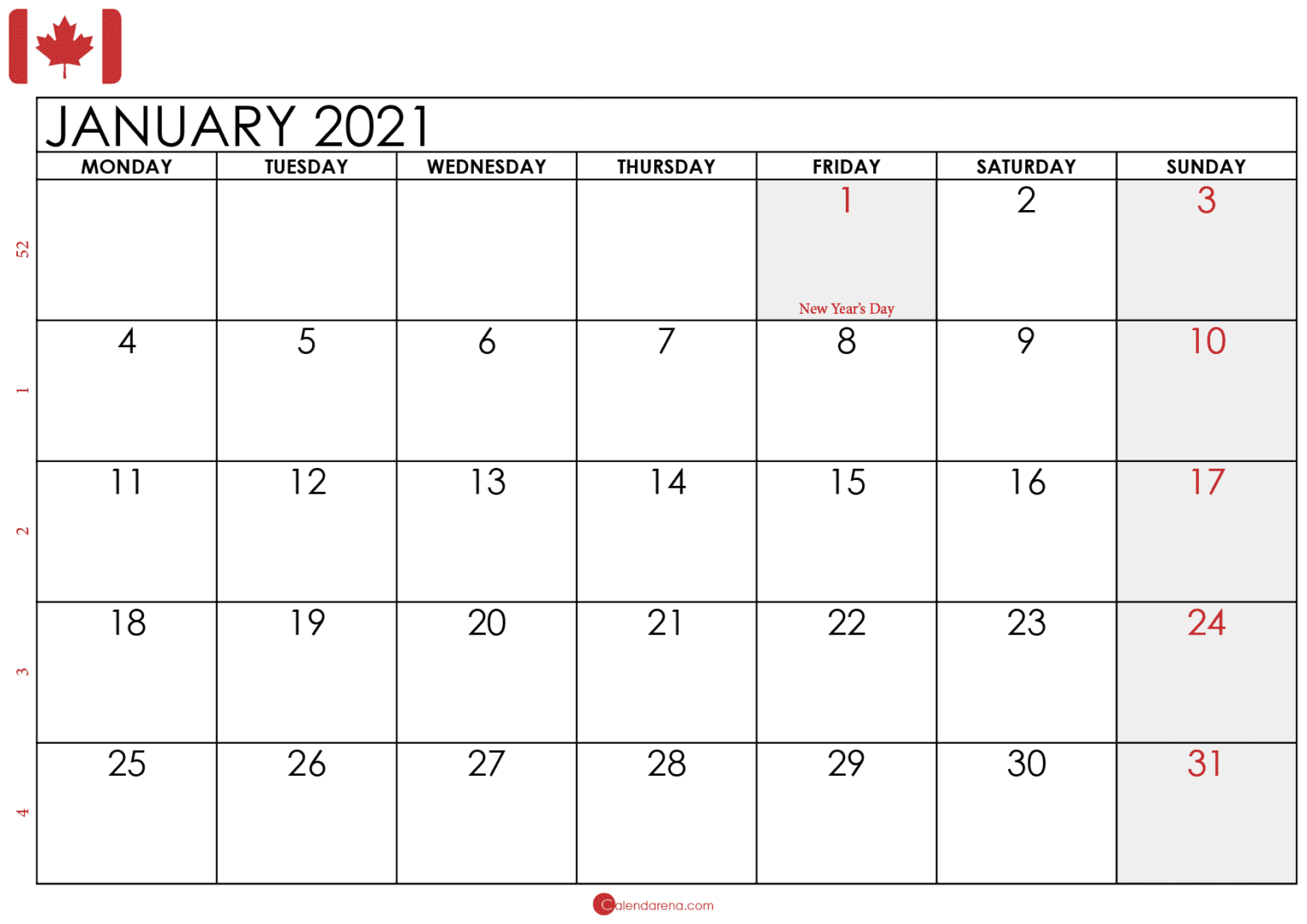 Download Free January 2021 Calendar Canada🇨🇦🇨🇦 With Weeks