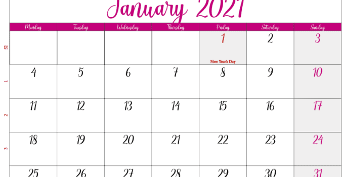 january 2021 calendar Canada